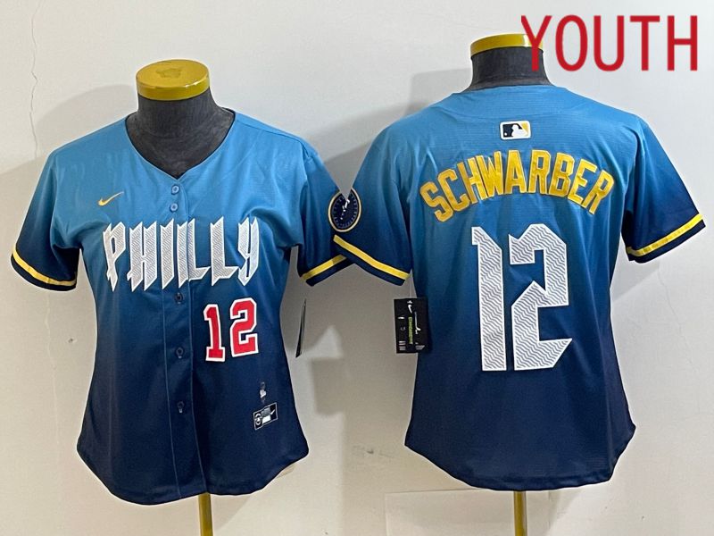 Youth Philadelphia Phillies 12 Schwarber Blue City Edition Nike 2024 MLB Jersey style 2